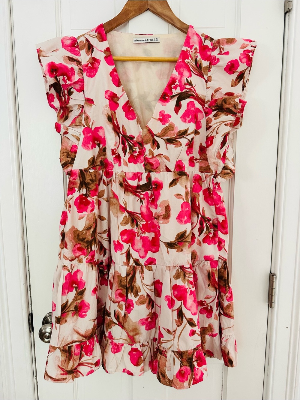 Abercrombie & Fitch Womens V-Neck Pink Short-Sleeve Ruffle Mini Dress Sz M - Picture 2 of 14